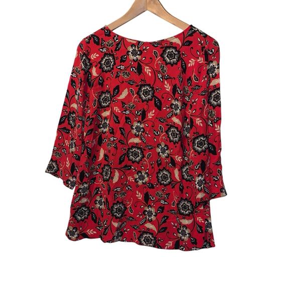 J Jill Tropical Floral Blouse Size Small Red 3/4 Sleeve Keyhole Pullover Career - Picture 4 of 6